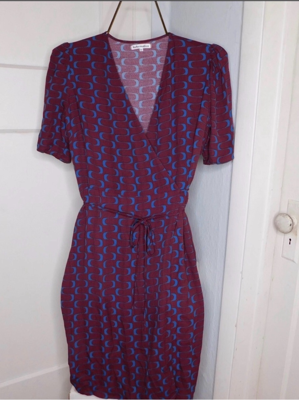 Reformation Maroon Dress with Blue Geometric Print
